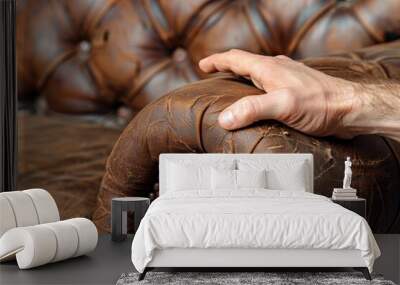 Man s hand pointing at damaged leather sofa Issue with concept Wall mural