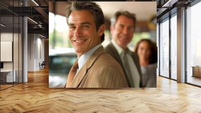 Middle aged car salesman with co workers Wall mural