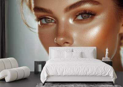 Model with natural make up and shiny highlighter on skin glamorous gloss lips Wall mural