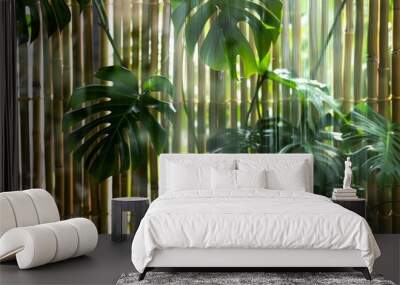 Monstera plant behind frosted glass Botanical background with green foliage Asian garden vibe with palm tree wallpaper Wall mural