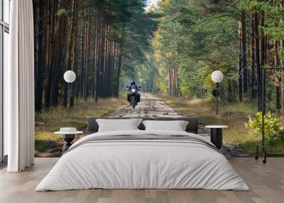 Motorbiker enjoying a forest road journey on a motorcycle fun on empty road with space for text Wall mural