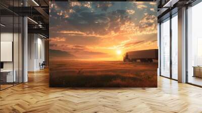 Moving truck at sunset in a landscape Wall mural