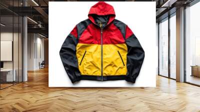 Multi colored zip up jacket for hiking rain ready with hoodie sporty nylon material white background Wall mural