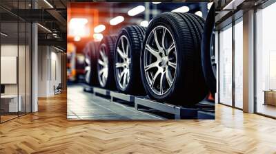 New tires in an auto repair center with a blurry background of a new car in stock set at a big warehouse Wall mural