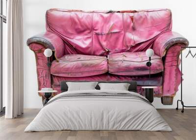 Old pink leather sofa with broken cushion and defects isolated on white background for interior design Wall mural