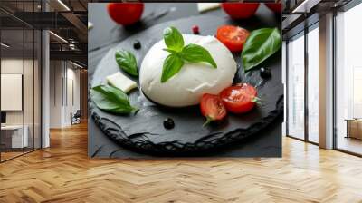 One large ball of soft Italian mozzarella bufala campania cheese with red tomato and green basil leaves on a black stone plate Wall mural