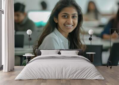 Picture of an attractive smart Indian Asian student in a university classroom smiling while using a laptop Wall mural