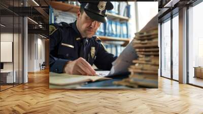 Police officer examines files and documents Wall mural