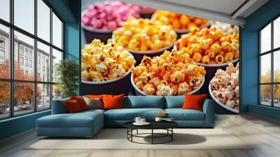 Popcorn varieties include classic salt cheese chocolate caramel sweet multi color and selective focus Wall mural