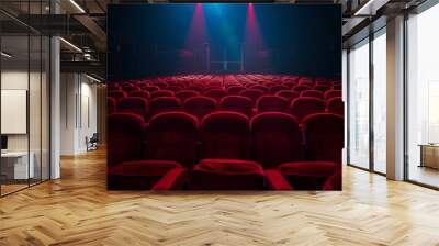 Red seats in a movie theater illuminated by stage lights Wall mural