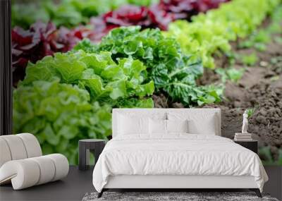 Rows of green lettuce and red salad plants in the organic vegetable garden Wall mural