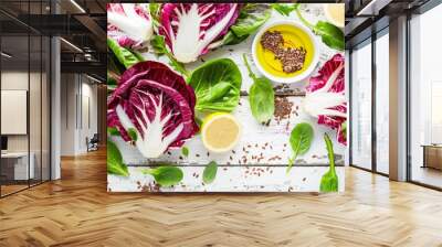 Salad with variety of greens flax seeds lemon for health Wall mural