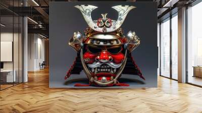 Samurai mask on gradient background silver and gold metal bushido spirit realistic Japanese design Wall mural