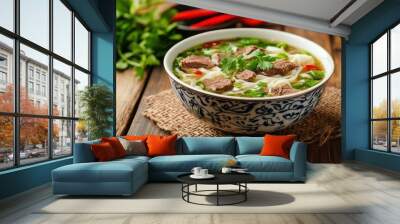 Selective focus Vietnamese Pho Bo soup with beef and noodles on wood Wall mural