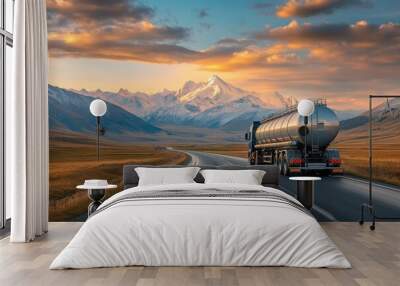 Silver fuel truck on scenic route Wall mural