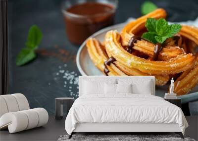 Spanish breakfast fried churros chocolate sauce mint Wall mural