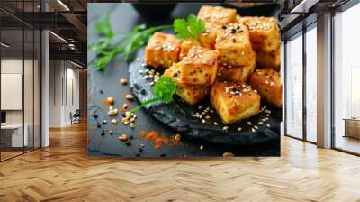 Spiced sesame tofu on black backdrop Wall mural