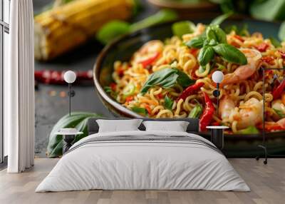 Spicy stir fried instant noodles with shrimps corn and peppers topped with Thai basil and chili pepper Wall mural