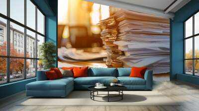 Stack of papers on desk with blurred meeting room in background representing office work Wall mural