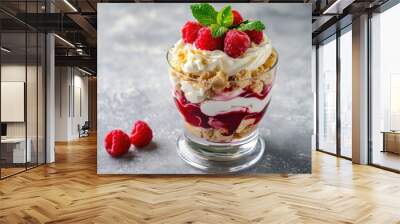 Summer diet dessert consisting of raspberry trifle with cream sauce crumbs and mint in a glass on a concrete background Wall mural