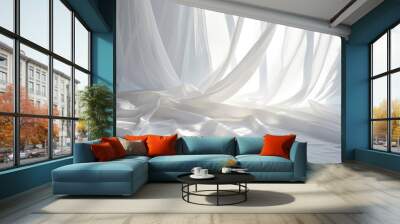 Sunlit white curtain on white backdrop Wall mural