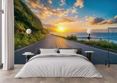 Sunrise on highway next to coast nature landscape Wall mural