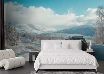 SUV on winter roadside family trip to ski resort Wall mural