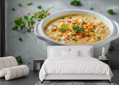 Sweet corn soup with chicken in a bowl on a grey background fast food Wall mural