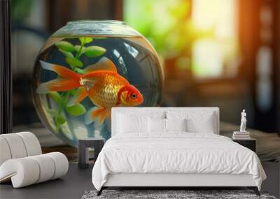 Text space available for beautiful bright small goldfish in round glass aquarium on wooden table Wall mural