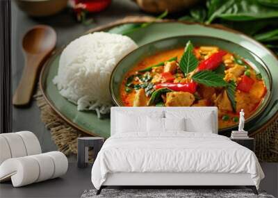 Thai red curry chicken with stream rice panang on a green plate against a grey background Focus is selective Wall mural