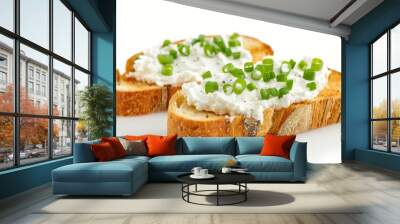 Toasted bread with cream cheese and green onions on a white background Wall mural