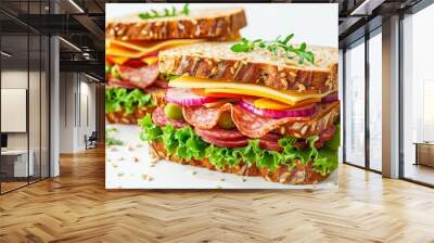 Toasted whole grain bread with ham salami cheese and veggies sandwiched isolated Wall mural