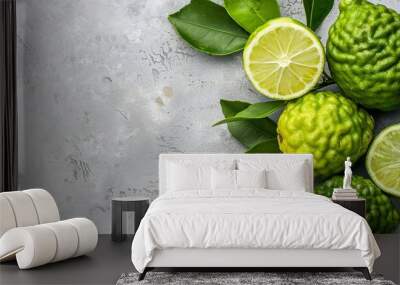 Top view of a light background with bergamot citrus suitable for text placement for a menu or recipe banner Wall mural