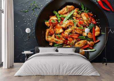 Top view of beef stir fried with peppers and green beans Wall mural