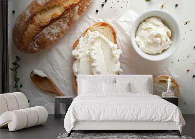 Top view of cream cheese on white bread Wall mural