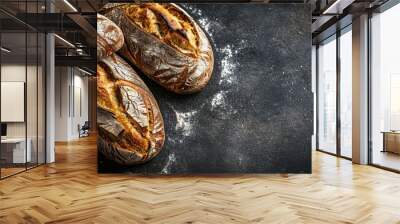 Top view of fresh homemade sliced rye bread on a black background copy space Wall mural