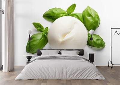 Top view of isolated mozzarella cheese and basil leaf on white Wall mural