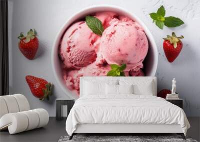 Top view of strawberry ice cream in bowl on white stone background Wall mural