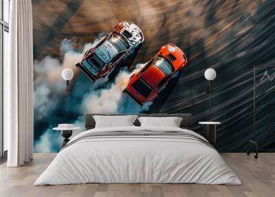 Top view of two cars in race Wall mural