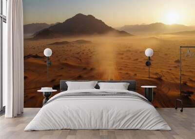 Travel to Africa for extreme adventures or scientific expedition in the Sahara desert Sunrise in the desert with mountain landscape dust on Wall mural