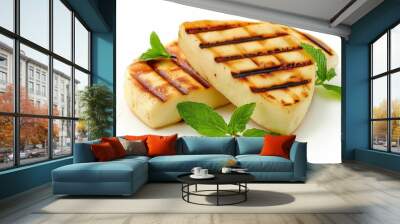 Two halloumi cheese slices grilled with mint on white background Wall mural