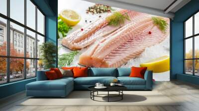 Uncooked St Pierre fish fillet on plain background Wall mural