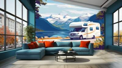 Vacation in Norway s beautiful natural landscape with family in an RV or motorhome Wall mural