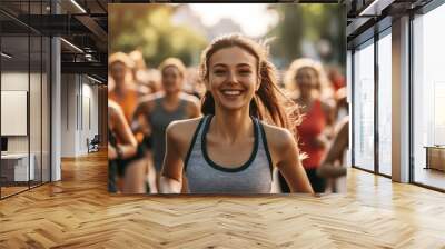 Various people running marathon in city active female racer smiling with support Wall mural