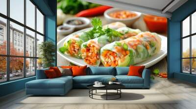 Vegetable spring rolls on white plate with selective focus Thai cuisine Wall mural