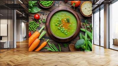 Vegetarian lunch made at home with green bean soup and veggies on wooden table seen from above Wall mural