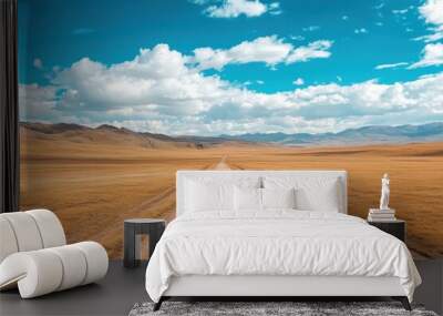 Vehicle traveling through Mongolia s desert Wall mural