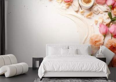 Web banner featuring a beautifully styled corner with organic cosmetics including a skin cream bottle dry flowers leaves rose and Himalayan salt on a white tabl Wall mural