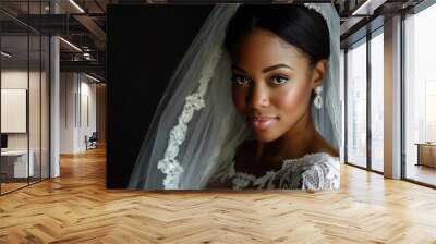 Wedding portrait of a black mid adult bride on dark background Wall mural