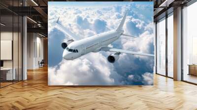 White airplane flying in amazing sky background Air travel Wall mural